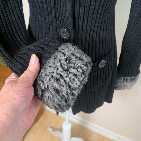 Vintage 90s Y2K Size M Faux Fur Collar Ribbed Kni Cardigan Sweater Black Winter - Picture 5 of 9